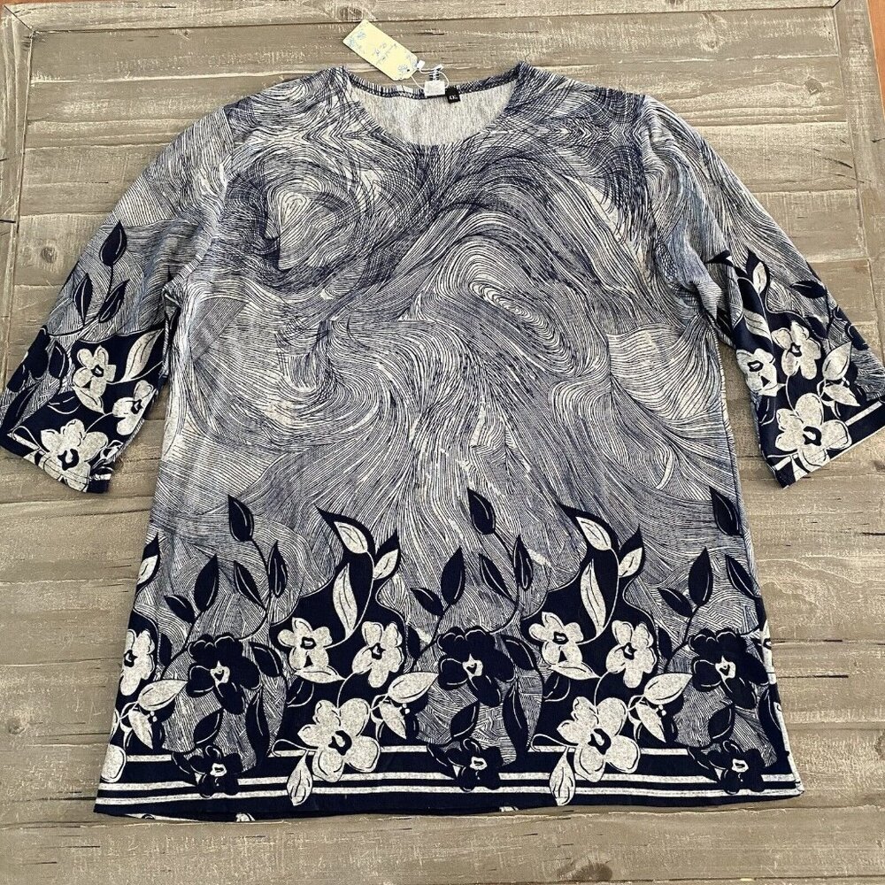 Beyond This Plane Blouse Women’s 4XL Floral‎ Blue Grey All Over Print New Ladies